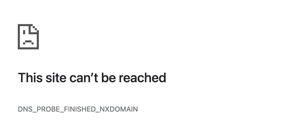 This site can't be reached — DNS_PROBE_FINISHED_NXDOMAIN